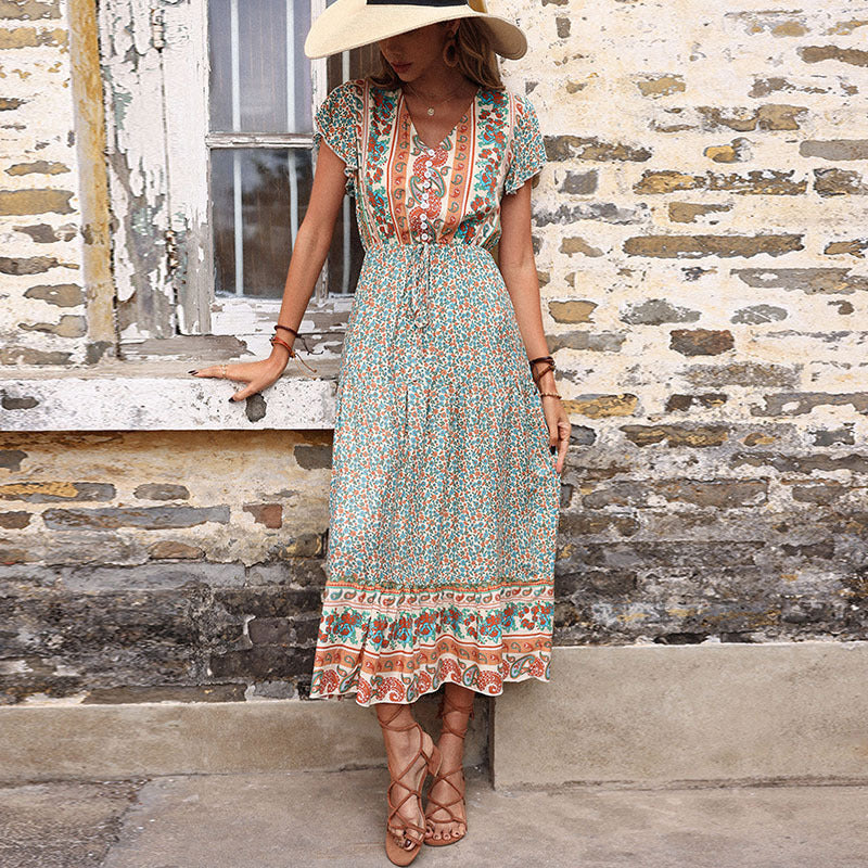 Arrival Maxi Dress Vintage Printed Green Slimming Dress for Women Summer