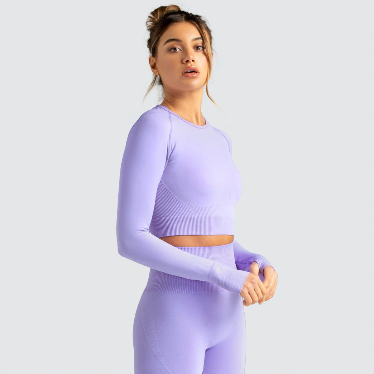 Knitted Solid Color Seamless Long-Sleeved Trousers Yoga Suit Sports Fitness Two-Piece Set