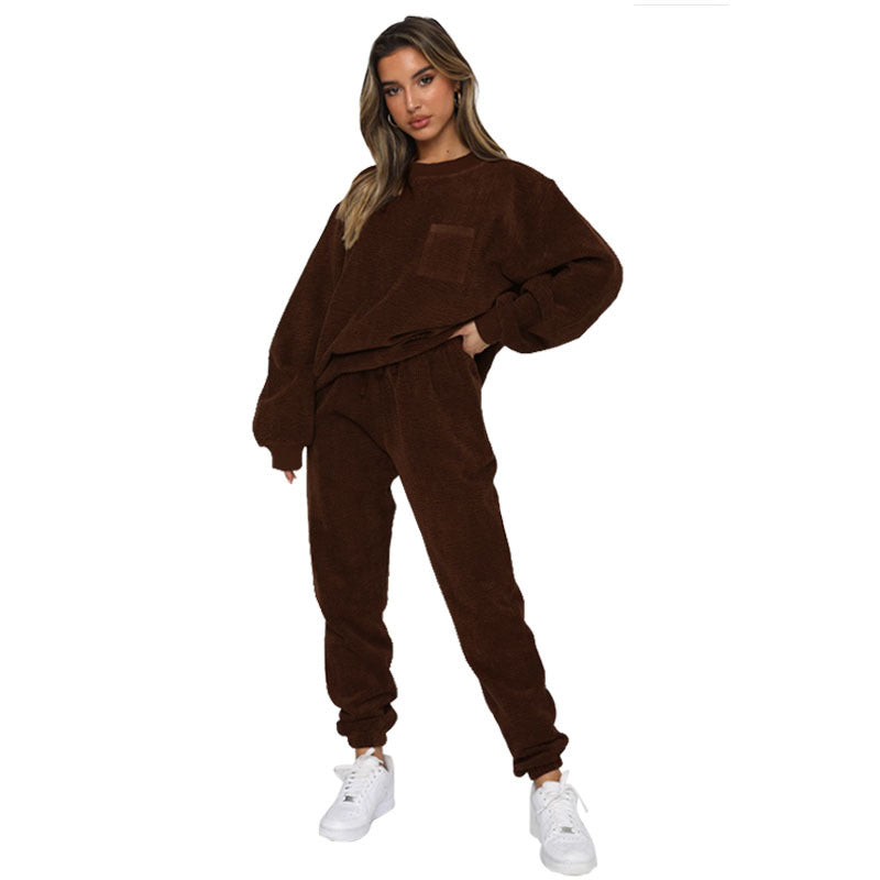Autumn Winter Corduroy Solid Color round Neck