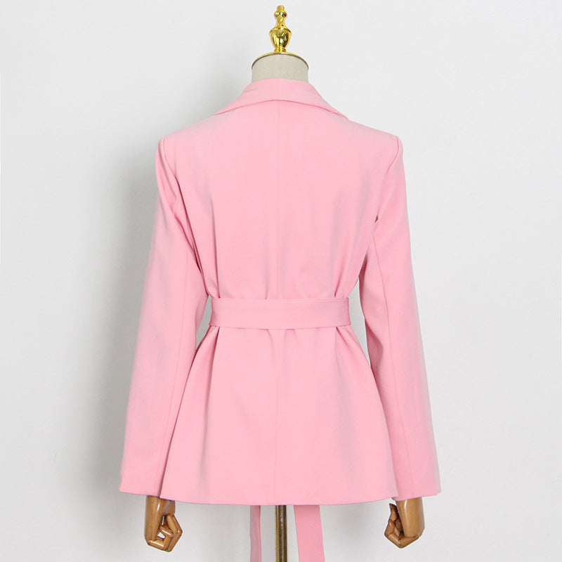 Autumn Winter Blouse Pants Pink Simple Lace Suit High Waist