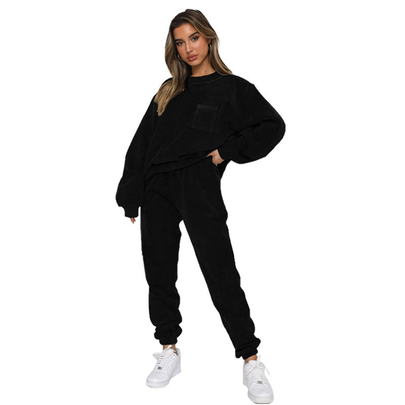 Autumn Winter Corduroy Solid Color round Neck