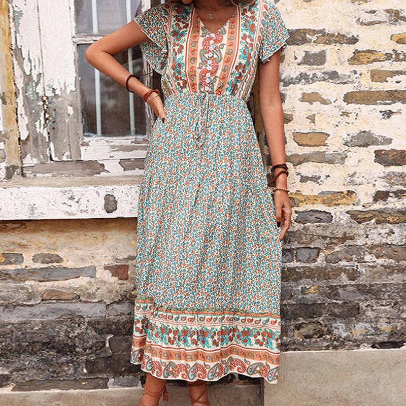 Arrival Maxi Dress Vintage Printed Green Slimming Dress for Women Summer