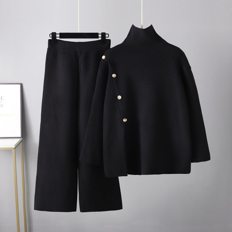Niche Stand Collar Slit Knitted Turtleneck Sweater Two Piece Set