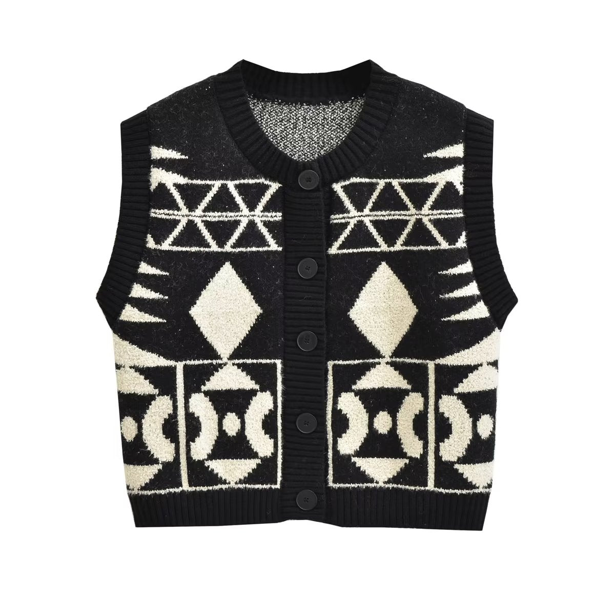 Simple Breasted round Neck Long Sleeve Contrast Color Jacquard Vest Knitted Vest