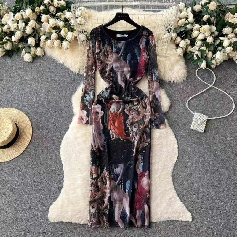 Printed Silk Mesh Dress Women Round Neck Temperament Long Dress