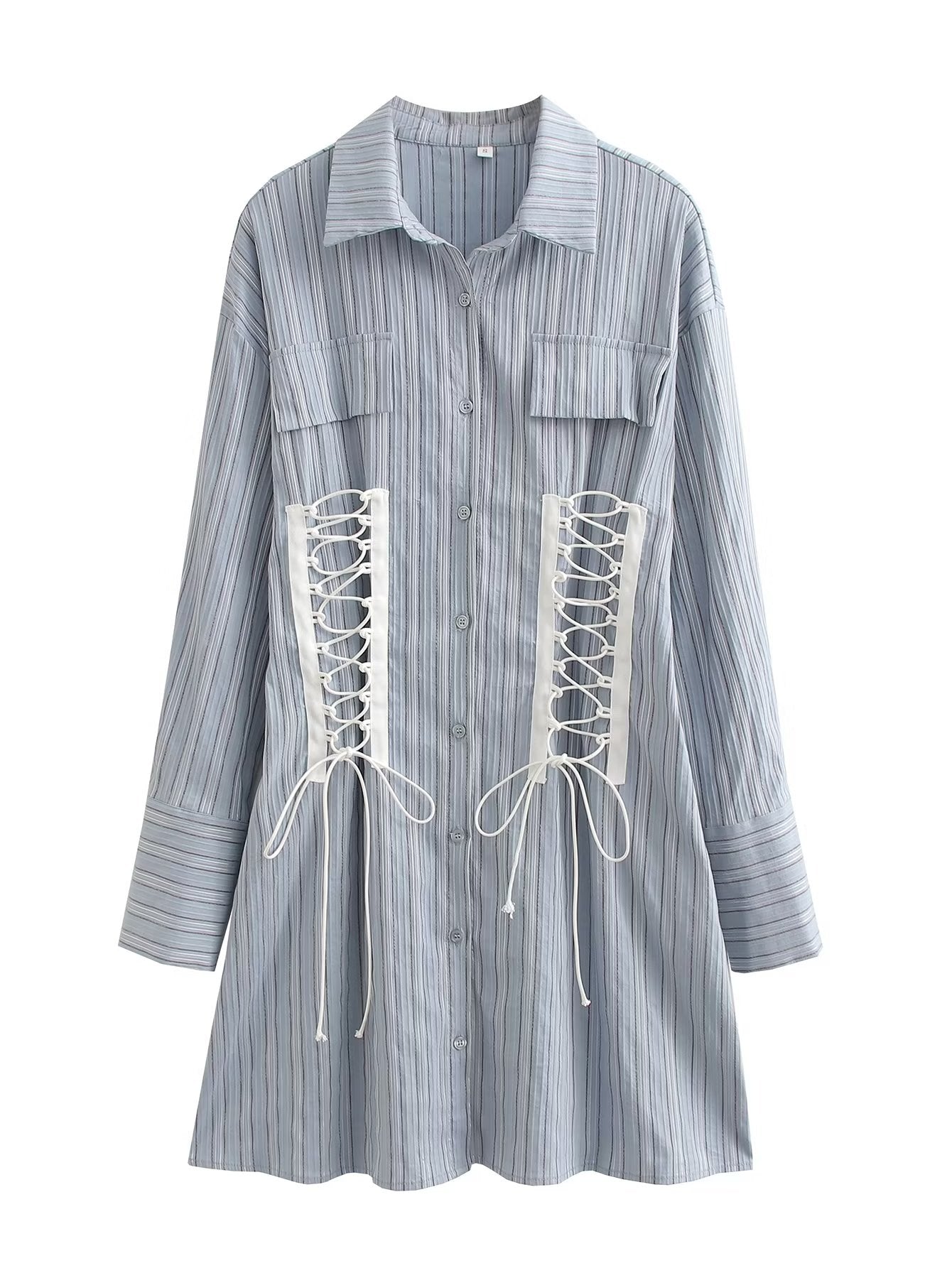 Pure Elegant Collared Single Row Ornament Shirt Dress