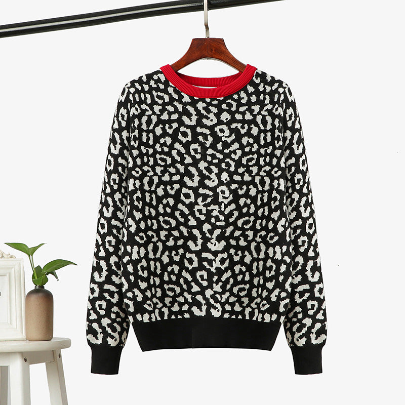 Women Pullover  Leopard Jacquard Contrast Color Loose Bottoming  Women Sweater