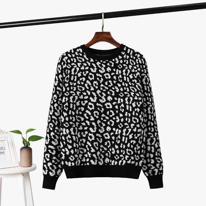 Women Pullover  Leopard Jacquard Contrast Color Loose Bottoming  Women Sweater