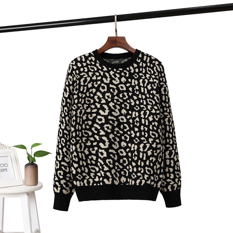 Women Pullover  Leopard Jacquard Contrast Color Loose Bottoming  Women Sweater