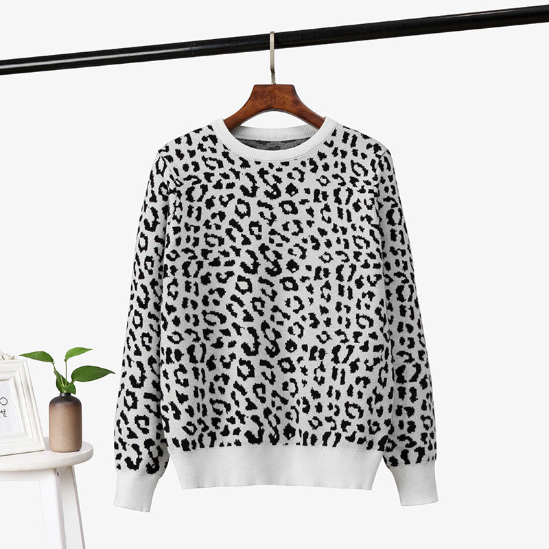 Women Pullover  Leopard Jacquard Contrast Color Loose Bottoming  Women Sweater