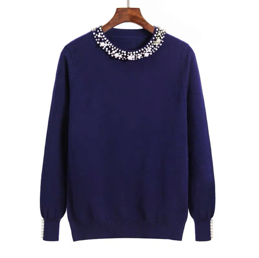 Beaded Pullover  Women round Neck Long Sleeve  Loose Sweater