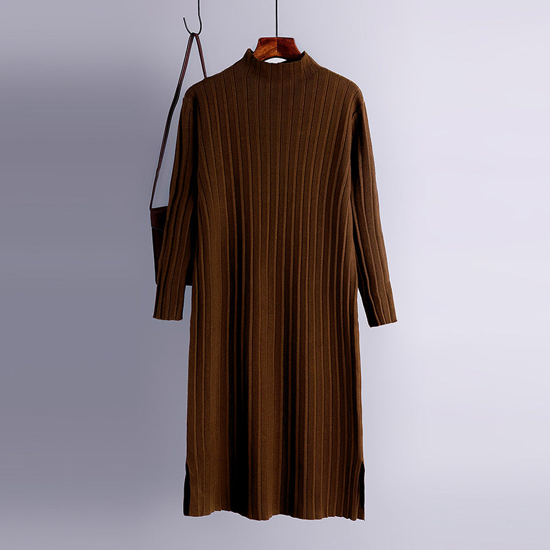 Half Turtleneck Slit Black Knitted Dress for Women Autumn Winter Thickening Loose Overknee Long Dress