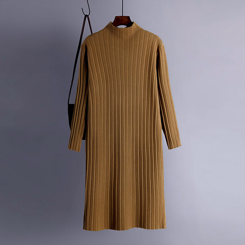 Half Turtleneck Slit Black Knitted Dress for Women Autumn Winter Thickening Loose Overknee Long Dress