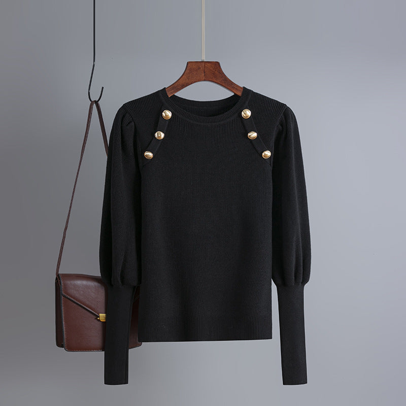 Women Clothing Autumn Winter Solid Color Retro Long Sleeve round Neck Knitted Bottoming Sweater