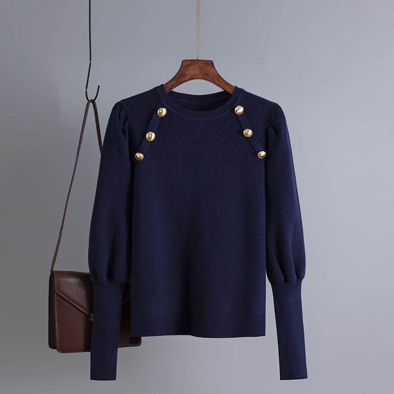 Women Clothing Autumn Winter Solid Color Retro Long Sleeve round Neck Knitted Bottoming Sweater