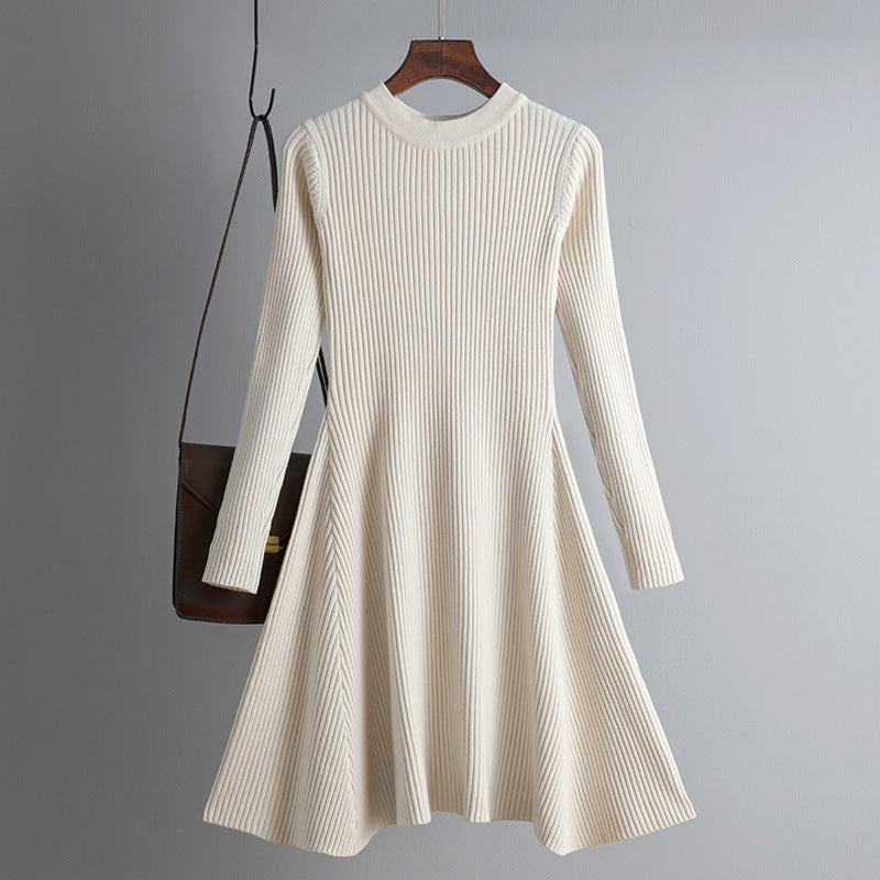 Women Knitted Long Sleeved Solid Color Slim Fit Bottoming Inner Wear A- line Dress