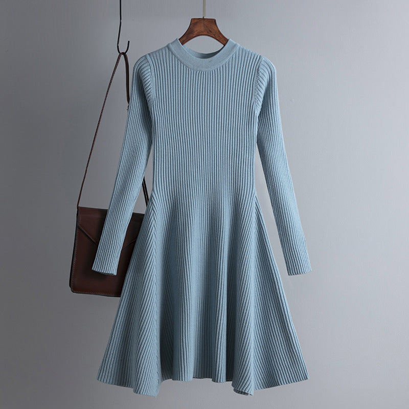 Women Knitted Long Sleeved Solid Color Slim Fit Bottoming Inner Wear A- line Dress