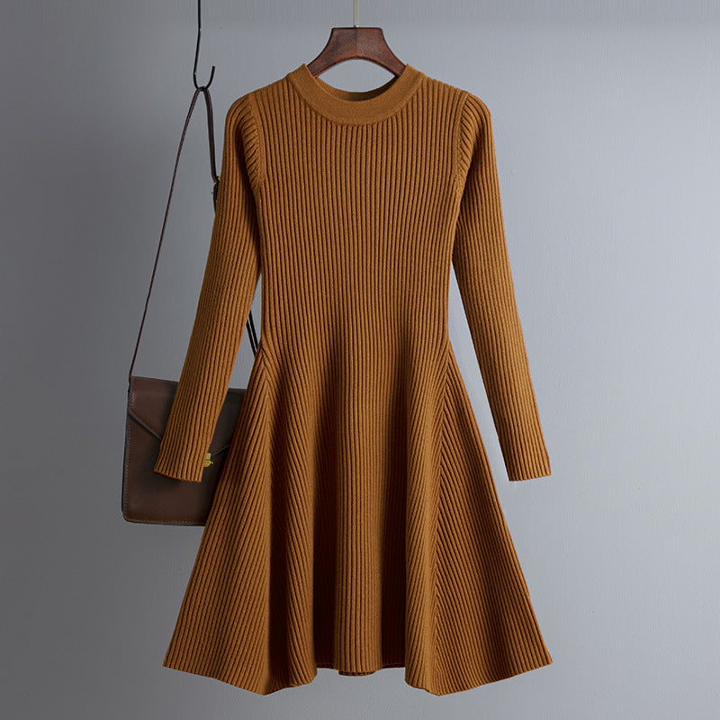 Women Knitted Long Sleeved Solid Color Slim Fit Bottoming Inner Wear A- line Dress