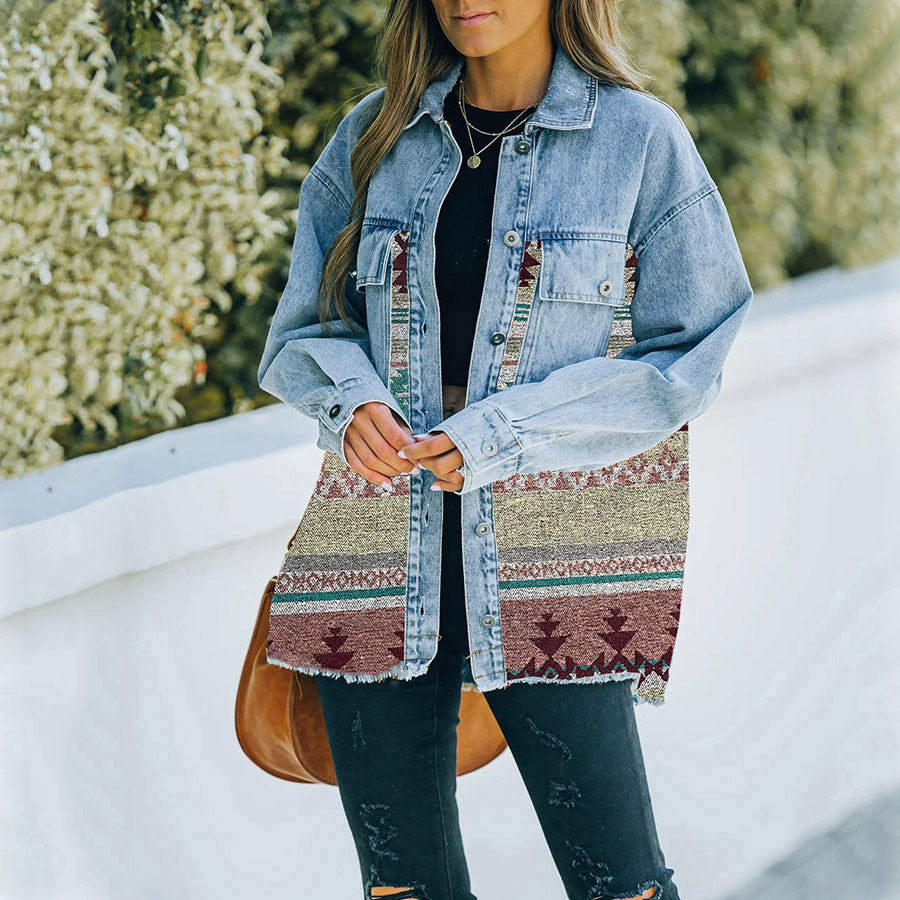 Fall Winter New Aztec Collared Pocket Denim Patchwork Wool Coat Women Retro Jacket