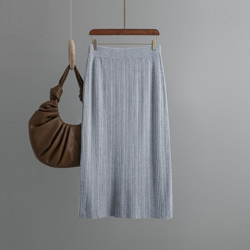 Back Slit Knitted Sunken Stripe Skirt Solid Color Elastic Waist