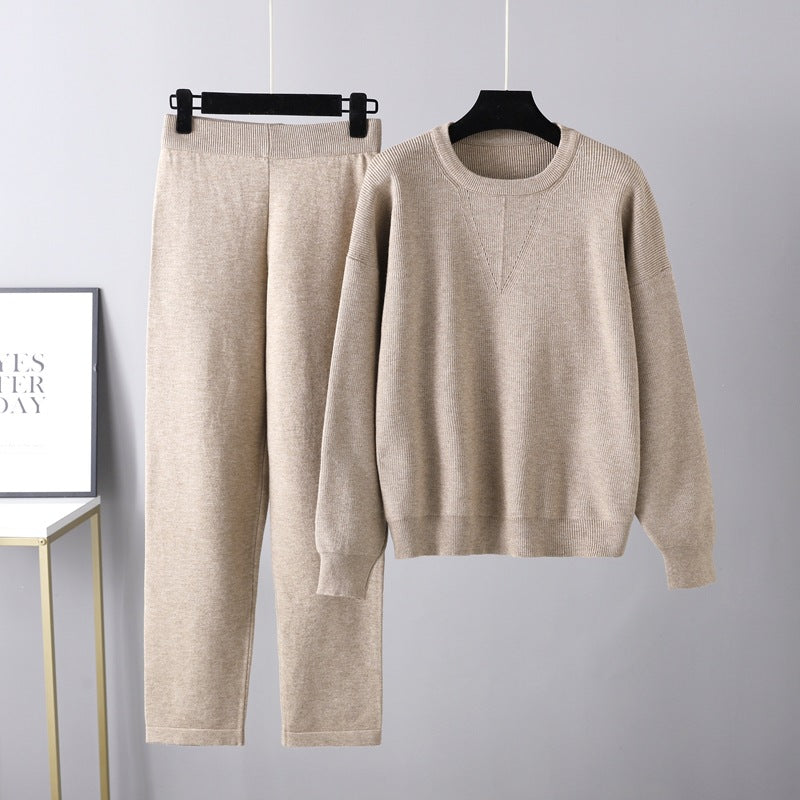 Autumn Winter Loose Casual Sweater Two Piece Set Solid Color Knitting Suit Women