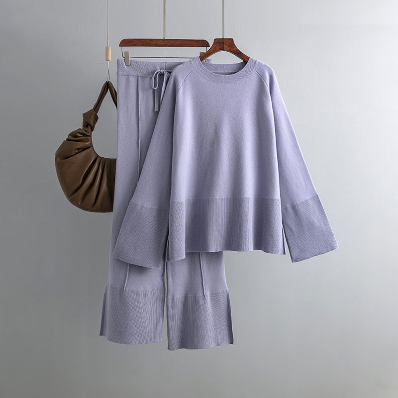 Loose Knitting Suit Autumn Winter Flared Sleeves round Neck Slit Loose Suit