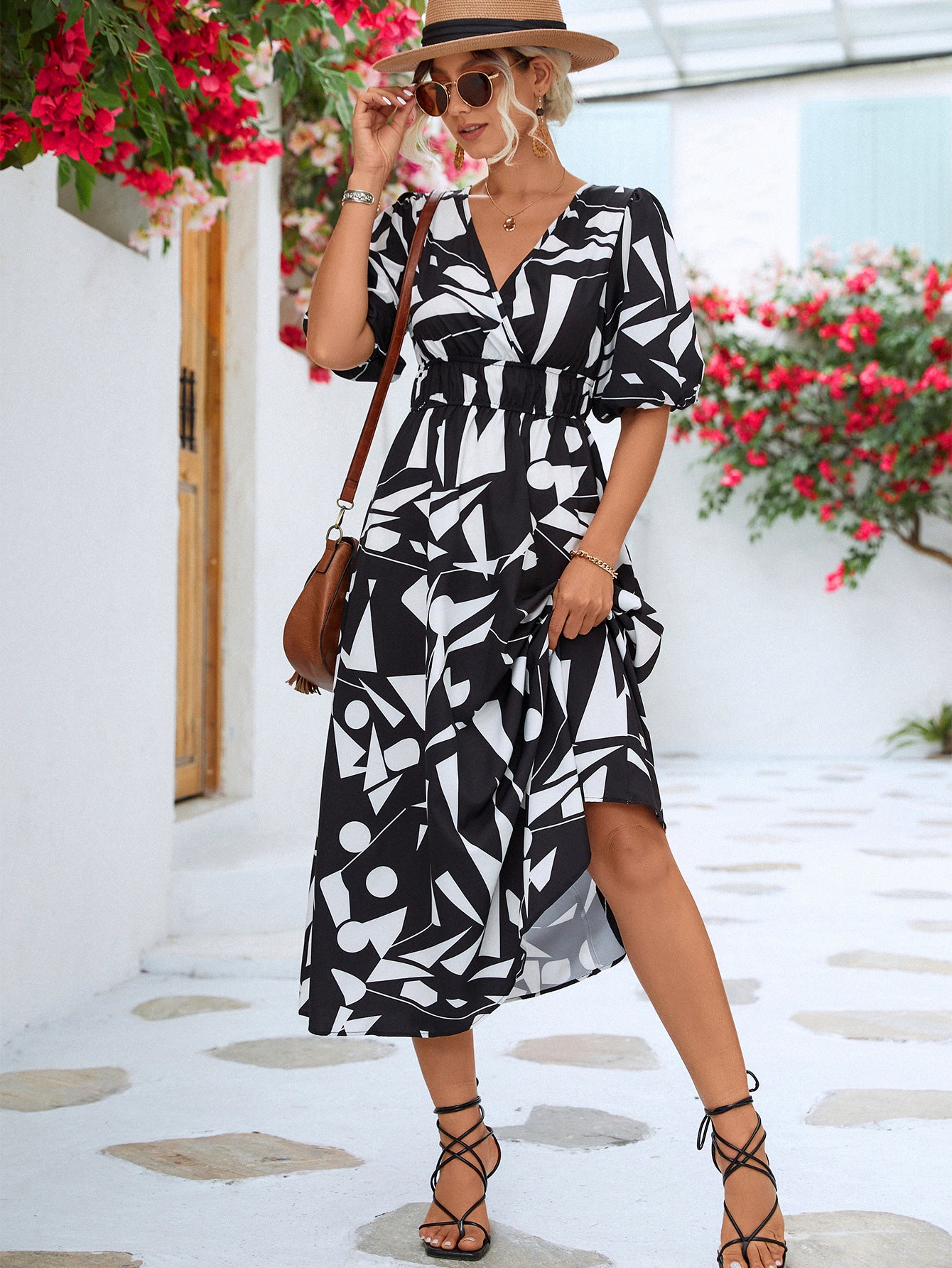 Spring Summer Women Clothing V neck Puff Sleeve Dress