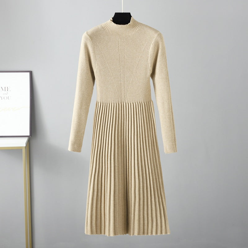 Autumn Winter Dress Solid Color Half Collar Thick below the Knees Mid Length Tight Waist Dress Soft Soft