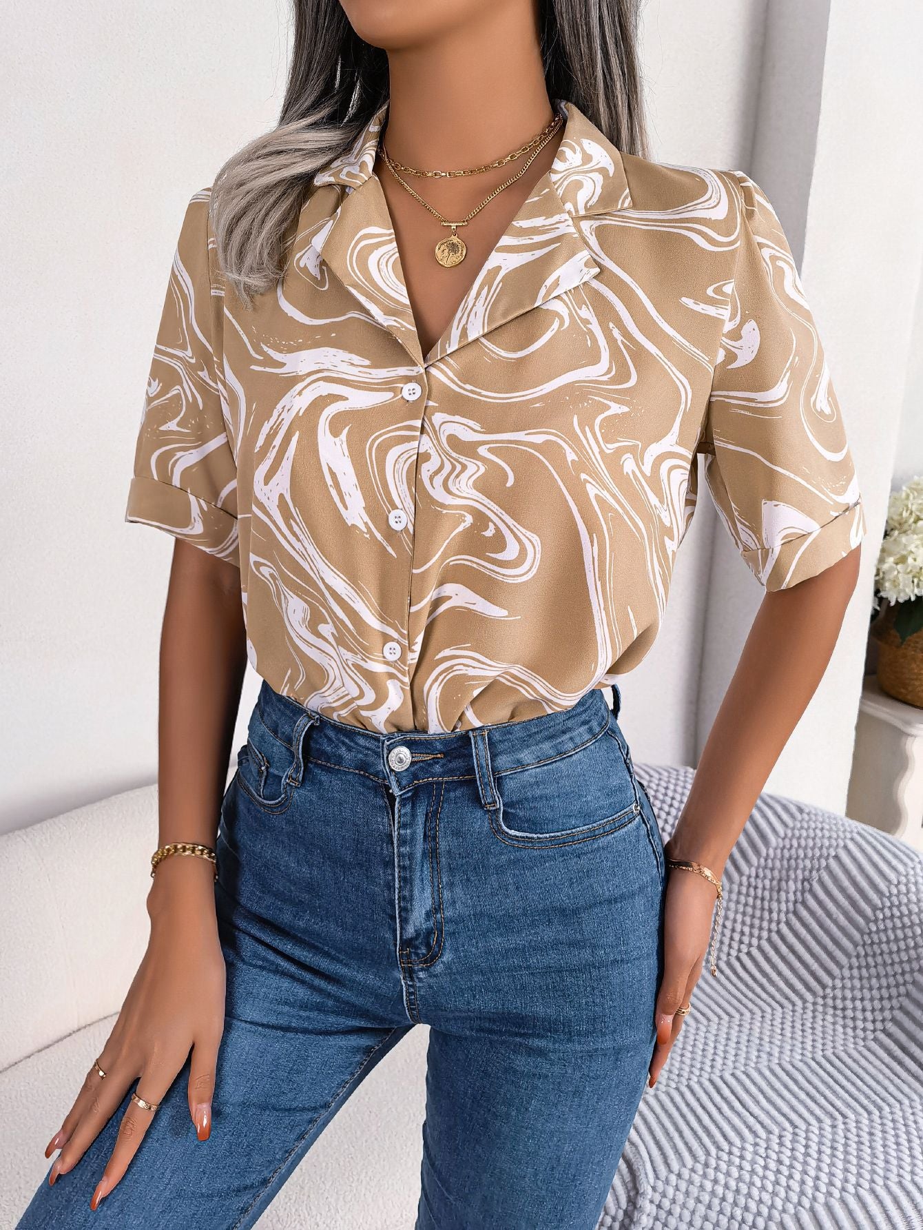 Summer Casual Suit Collar Contrast Color Loose Short Sleeve Shirt Women Clothing