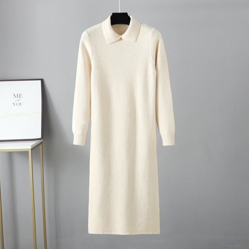 Polo Collar Knitted Dress Long Sleeve Sweater Bottom  Autumn Winter Mid Length Slim  Base Overknee Dress