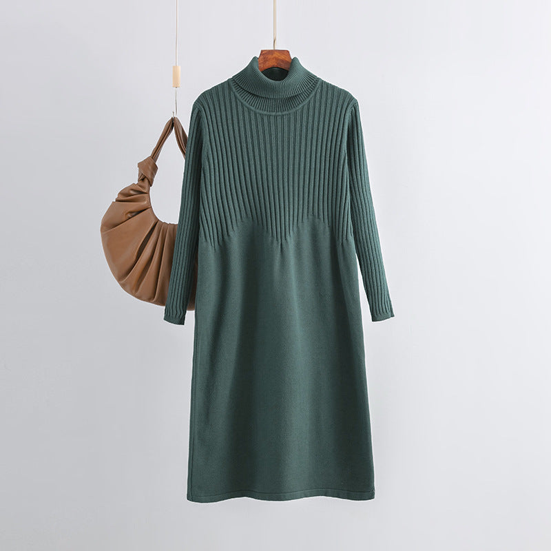 Autumn Winter High Neck Thickened Long below the Knee Woolen Women Base Ride Loose Knitted Dress