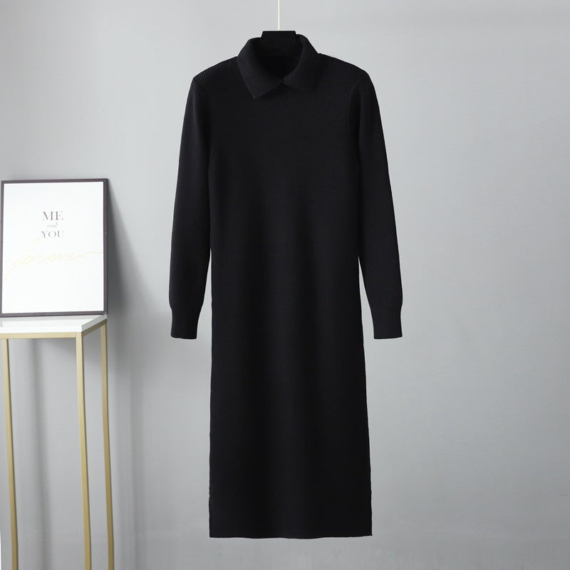 Polo Collar Knitted Dress Long Sleeve Sweater Bottom  Autumn Winter Mid Length Slim  Base Overknee Dress