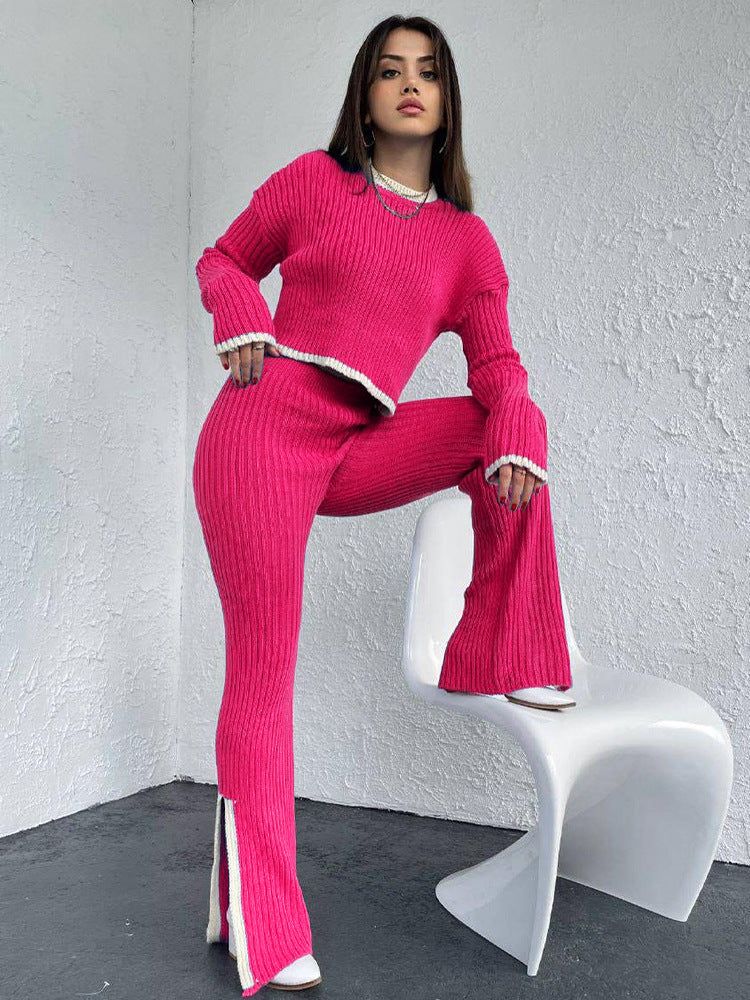 Autumn Winter Knitting Trousers Set round Neck Long Sleeve Short Sweater