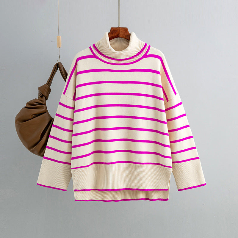 Autumn Winter Knitwear Pullover Striped Turtleneck Sweater Loose Casual Women Clothing