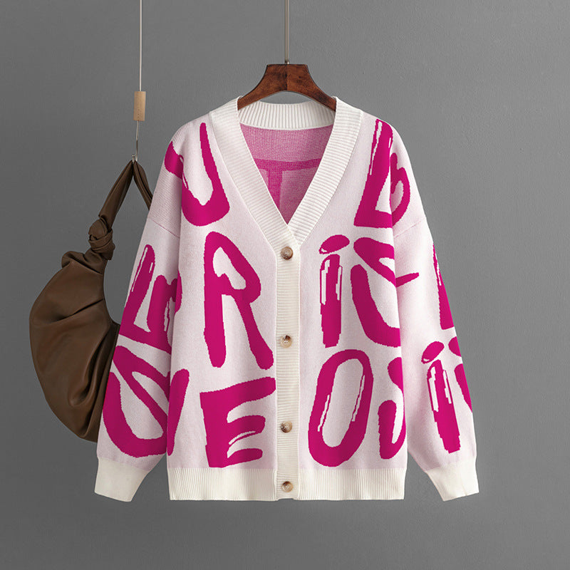 Letter Graphic Brocade Sweater Cardigan for Women Autumn Winter Women