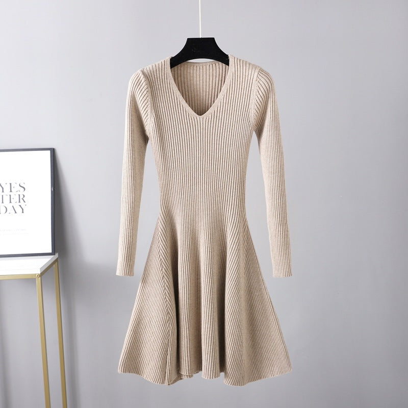 Autumn Winter Woolen  Base Knitting Dress Women Waist Slimming Mid Length Inner Wear A line