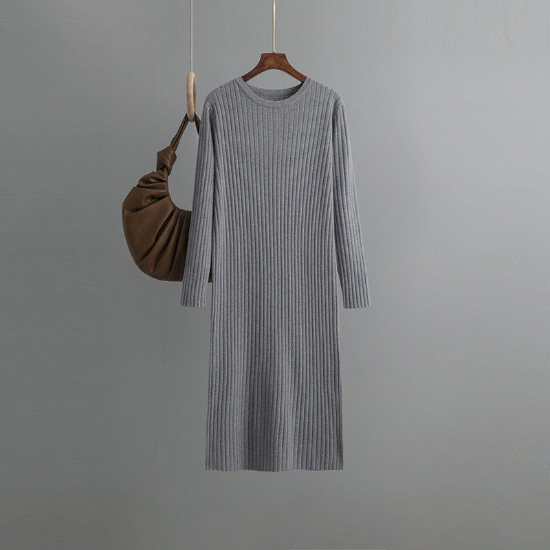 Autumn Winter Round Neck Loose Long Sleeves Knitted Dress Women Long below the Knee Underdress