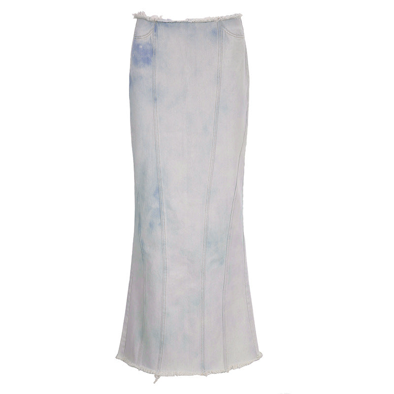 Halo Dyed Slim Fit Long Frayed Slit Fishtail Skirt Elegant Sexy Denim Skirt Women