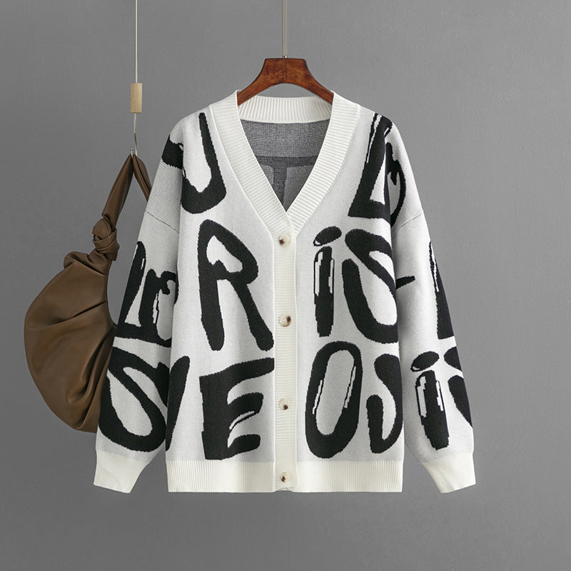 Letter Graphic Brocade Sweater Cardigan for Women Autumn Winter Women