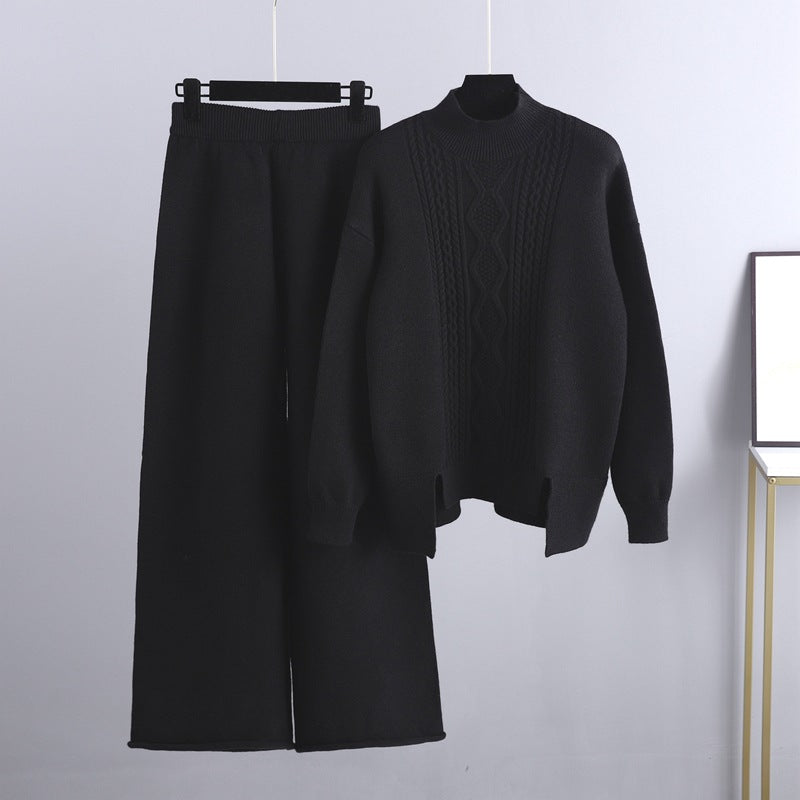 Knitted Suit Women Thickened Loose Turtleneck Sweater Wide Leg Pants Two Piece Suit