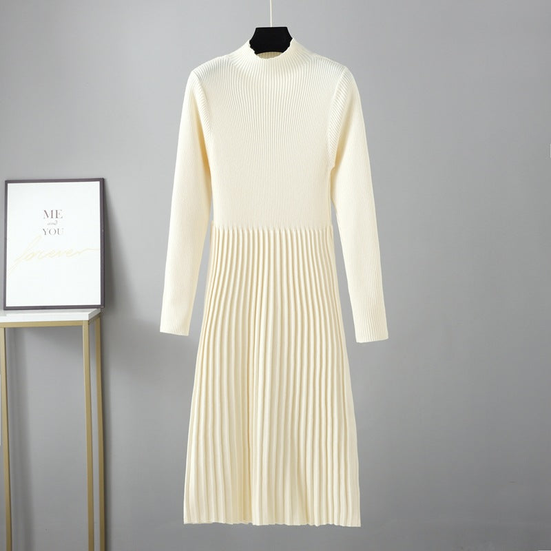 Autumn Winter Dress Solid Color Half Collar Thick below the Knees Mid Length Tight Waist Dress Soft Soft