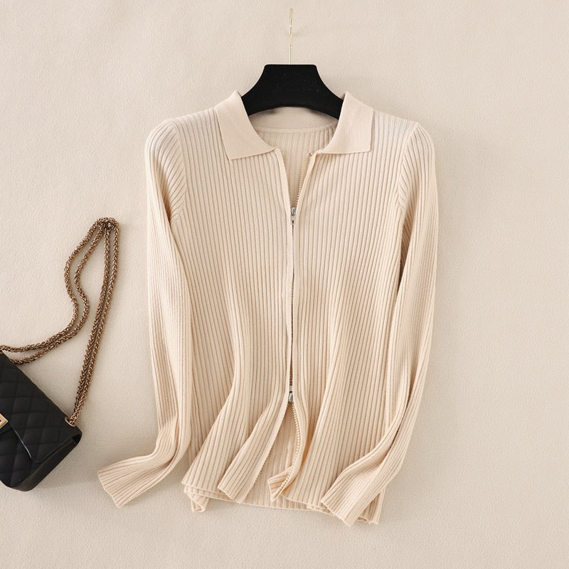 Knitted Bottoming  Solid Color Slim Fit Top Long Sleeve Polo Collar Women Short Sweater Autumn Winter Cardigan