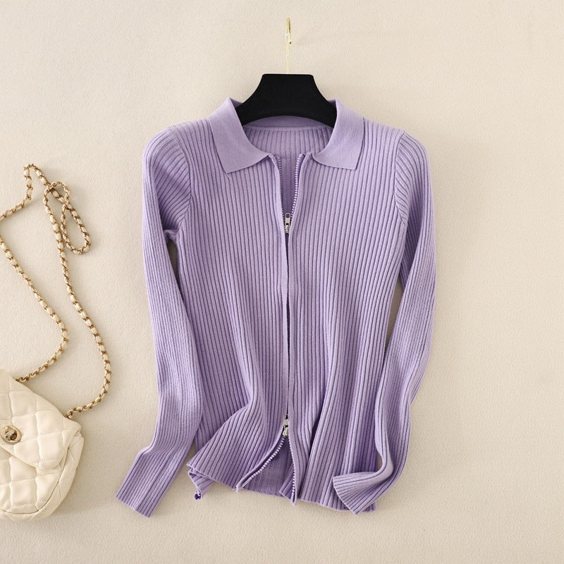 Knitted Bottoming  Solid Color Slim Fit Top Long Sleeve Polo Collar Women Short Sweater Autumn Winter Cardigan