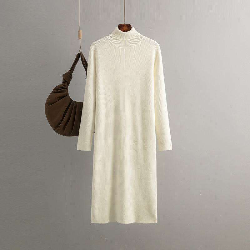 Women Knitted Dress Autumn Winter Mid Length Loose Turtleneck Solid Color Base Sweater Dress