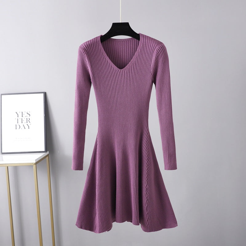 Autumn Winter Woolen  Base Knitting Dress Women Waist Slimming Mid Length Inner Wear A line