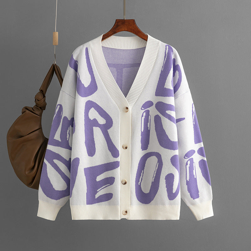 Letter Graphic Brocade Sweater Cardigan for Women Autumn Winter Women