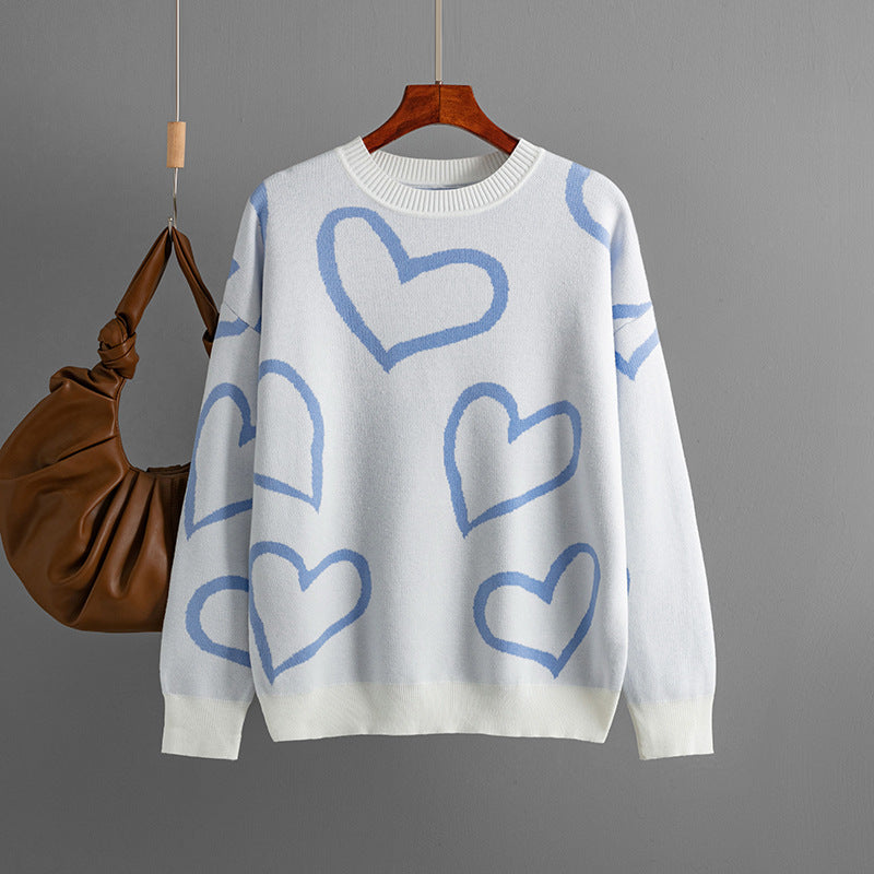 Autumn Winter Round Neck Love Contrast Color Sweater Loose Pullover Sweater