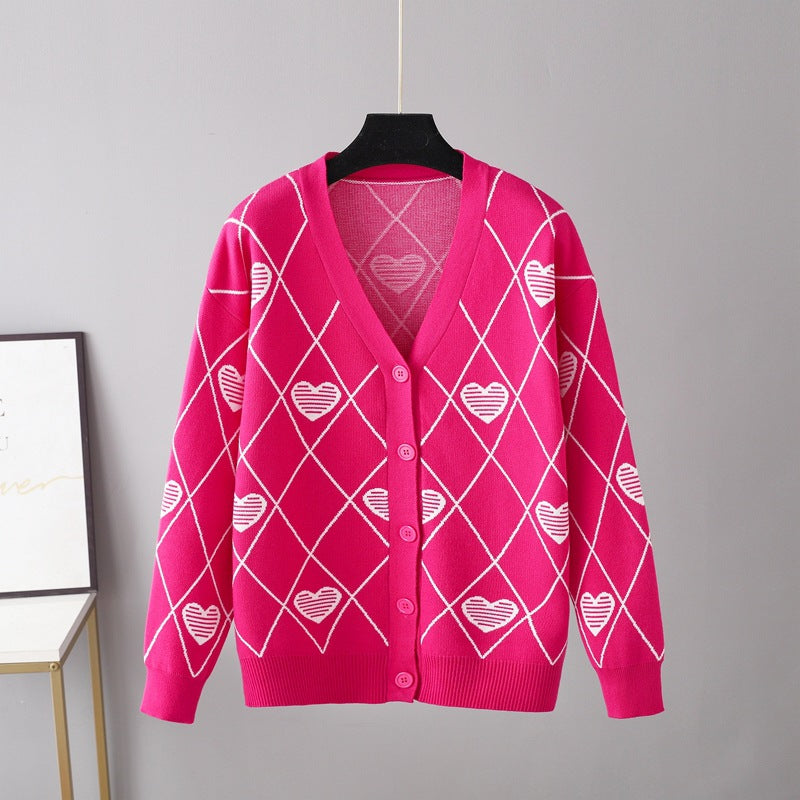 V neck Rhombus Knitted Cardigan for Women