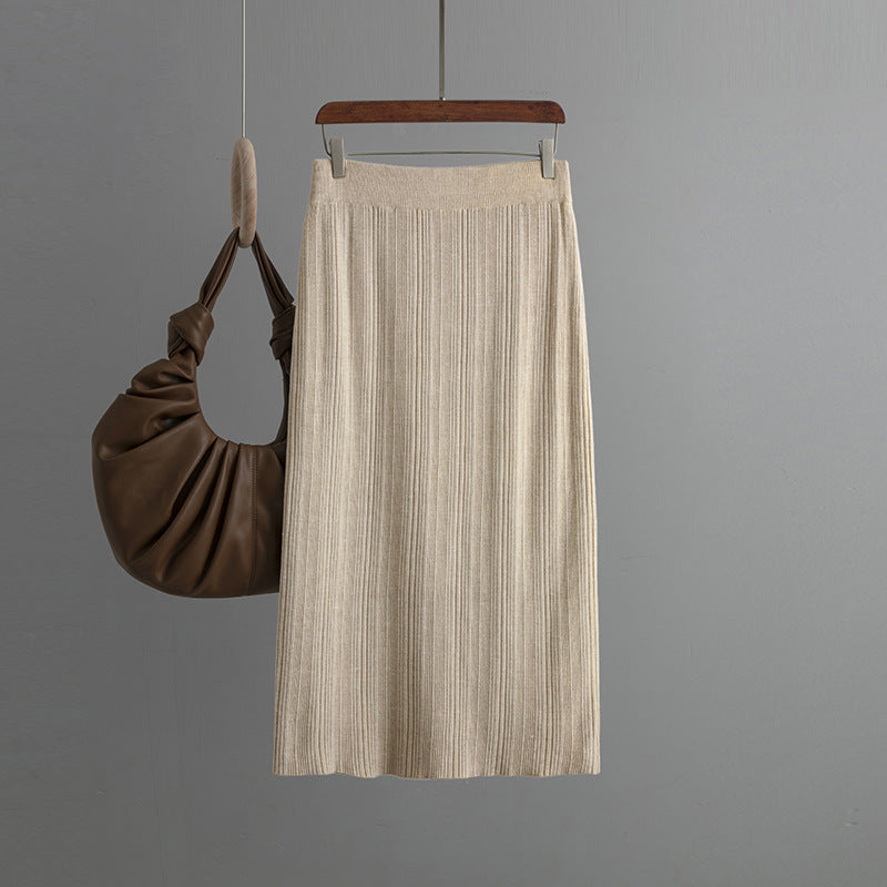 Back Slit Knitted Sunken Stripe Skirt Solid Color Elastic Waist