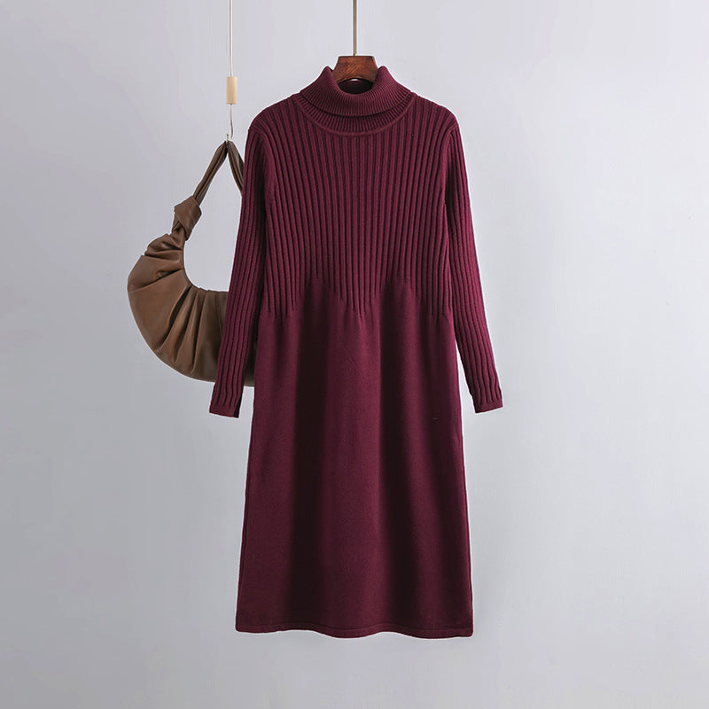 Autumn Winter High Neck Thickened Long below the Knee Woolen Women Base Ride Loose Knitted Dress